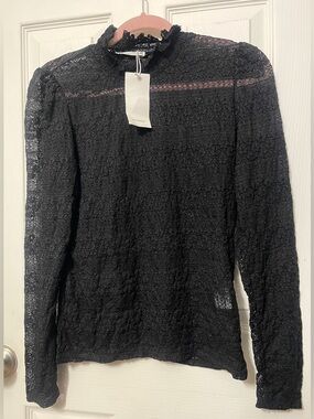 Black Long-Sleeve Lace Sheer Top by Reserved Poland Size S/M NWT